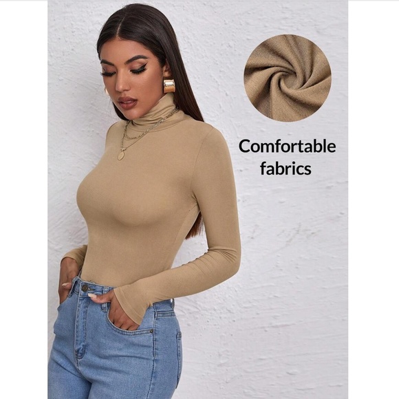 Tan Turtleneck Long Sleeve Tee Shirt - Picture 2 of 6